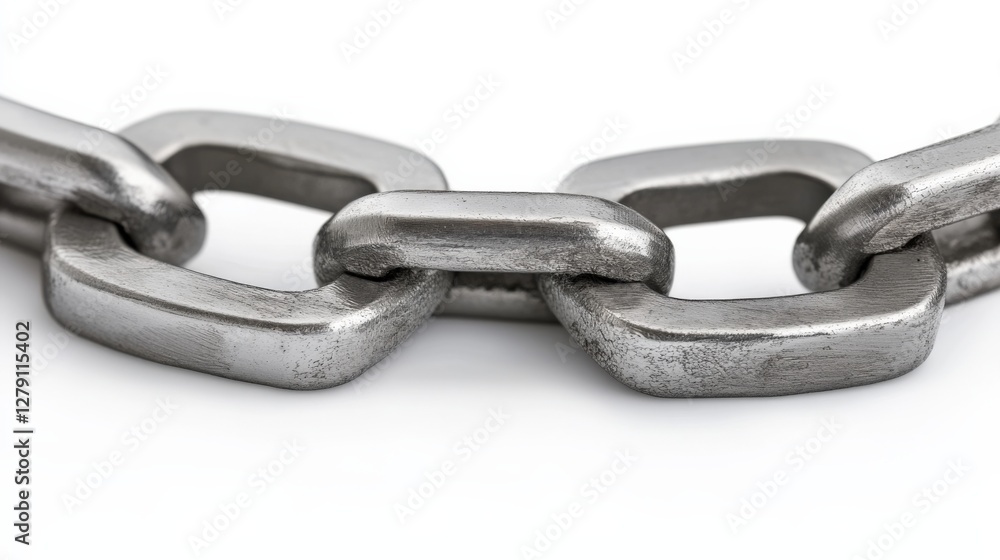 Poster close-up view of a metallic chain link showcasing its texture and structure against a white backgrou