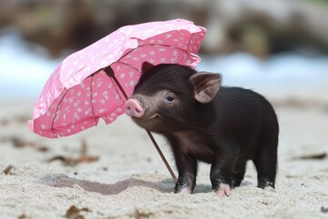 A small pig stands on the sand, sheltered by a colorful umbrella, creating a whimsical beach scene.
