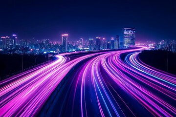Vibrant Night City Highway with Light Trails