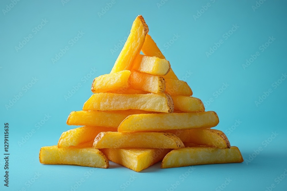 Poster french fries arranged in a pyramid shape on a vibrant turquoise backdrop, creating a visually appeal