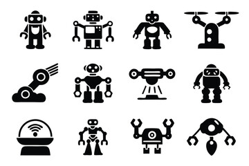 Design a pack of 15 distinct robotics and automation icons, showcasing diverse robotic elements and automated processes.  High-quality vector graphics required.