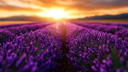 Obraz premium Spectacular sunset over blooming lavender fields with vibrant purple flowers reaching towards the horizon