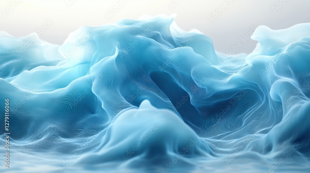 Poster ethereal blue waves gently undulating under soft light, creating a serene oceanic atmosphere