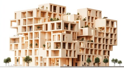 Unique Wooden Building Design with Geometric Projections and Sustainable Greenery on White Background