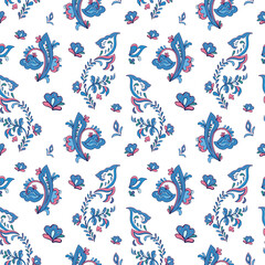 Seamless vector pattern with norwegian folk ornament. Rosemaling style. Hand drawn illustration. Background for greeting card, website, printing on fabric, gift wrap, postcard and wallpapers. 