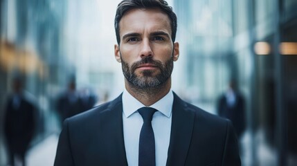 Fototapeta premium Arafed man in a tailored suit and tie stands confidently against a modern city backdrop, showcasing professionalism and urban sophistication.