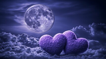Obraz premium Two Purple Hearts Under a Full Moon in a Dreamy Night Sky