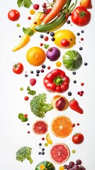 Naklejka premium Different fresh fruits and vegetables in air on white background