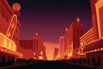 Generate a vibrant, detailed night scene of a bustling casino strip, showcasing bright neon lights, glittering buildings, and crowds of people.