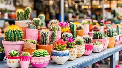 Fototapeta premium Various Cacti and Succulents in Colorful Decorative Pots on a Table in Soft Daylight