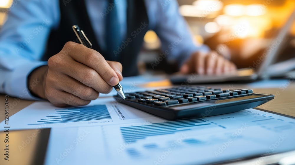Aufkleber a person is engaged in calculations at a desk, using a calculator and a laptop to assist with their 