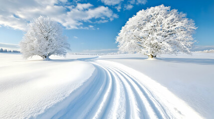 Obraz premium Snowy landscape winter cross-country ski tracks winding between snow-covered trees