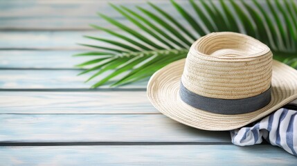A stylish hat rests alongside a striped shirt on a rustic wooden table, showcasing a blend of fashion and natural materials in a cozy setting.