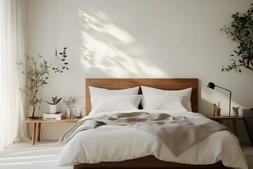there is a bed with a white comforter and a wooden headboard