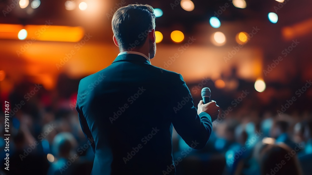 Poster professional speaker engaging audience at conference event setting