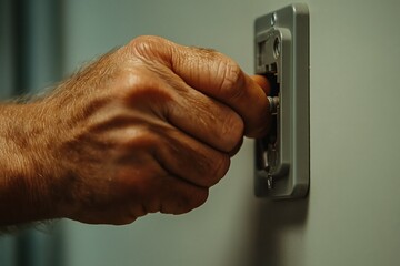 Hand Inserting Plug Into Electrical Outlet for Power Supply Connection in Home Environment Electrical Safety Concept