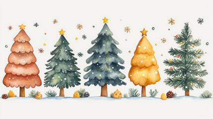 Fototapeta premium Winter Christmas watercolor scene featuring colorful Christmas trees adorned with stars and snowflakes, creating festive atmosphere