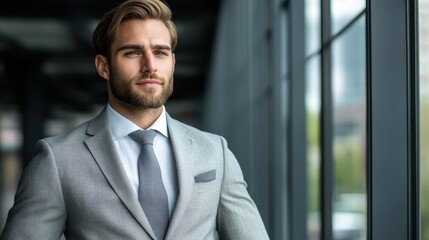Fototapeta premium A refined man in a suit and tie poses confidently in front of a large window, exuding professionalism and sophistication in a modern setting.
