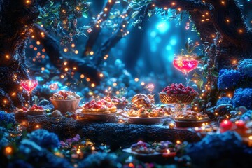 Mystical elven feast with ethereal glowing drinks enchanted forest food showcase fantasy setting magical atmosphere