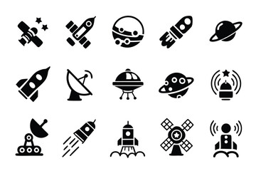 Create a high-resolution icon pack depicting 15 diverse elements of space exploration and aerospace technology.  Include rockets, satellites, planets, astronauts, and space stations.