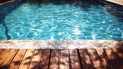 Obraz premium A serene pool features a wooden deck, surrounded by inviting blue water, perfect for relaxation and leisure activities.