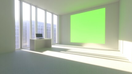 Fototapeta premium Modern minimalist office space with large window and green wall