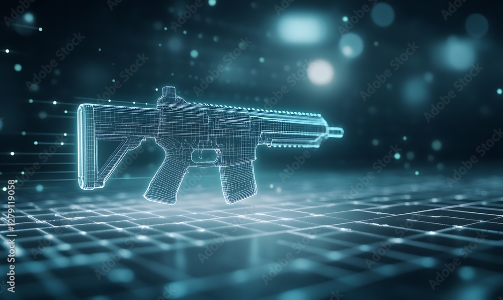 Poster high-tech gaming hud featuring futuristic weapons in a sci-fi environment.