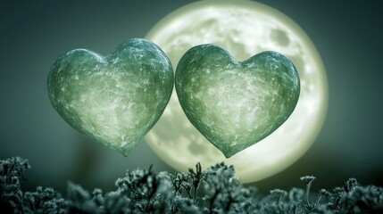 Fototapeta premium Two glittering hearts under a full moon