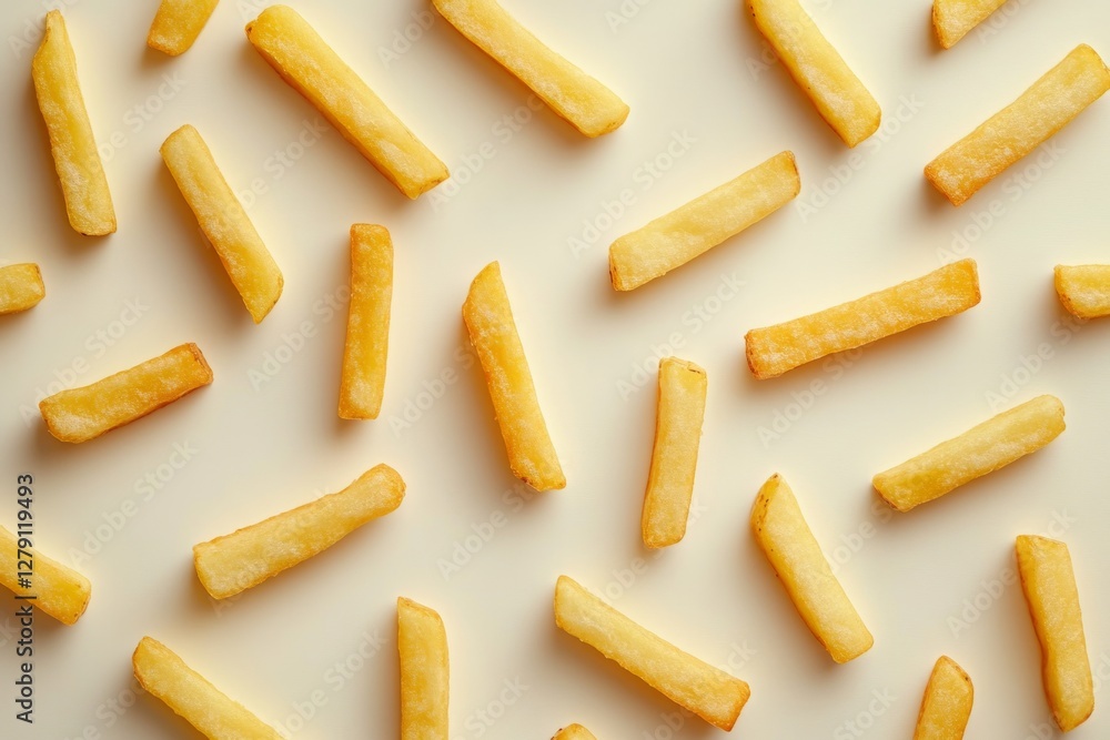 Poster many french fries creating a repeating pattern on a light yellow surface, perfect for food backgroun