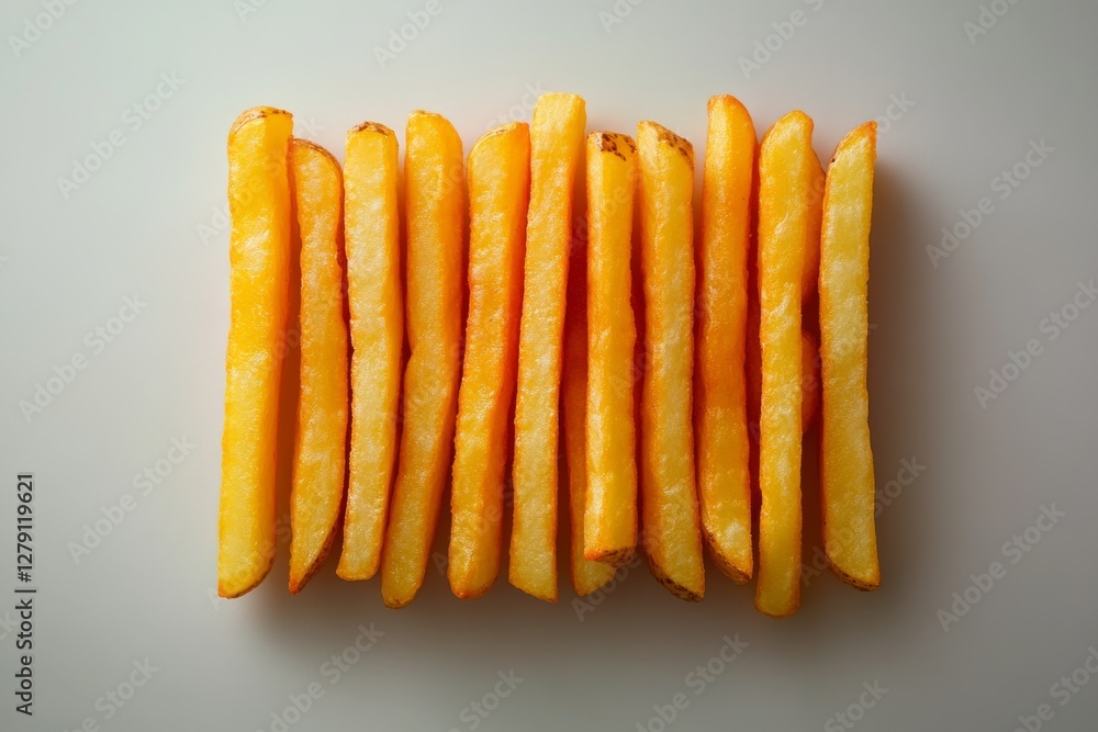 Poster delicious golden french fries arranged neatly in a row, creating an appetizing pattern on a table