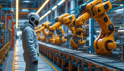 Robotic automation at a manufacturing facility with a lone worker observing the production line in a modern industrial setting