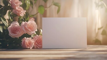 there is a blank card sitting on a table with pink roses