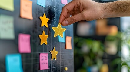 A coworker placing a shiny gold star sticker on a project board to commend and recognize a colleague s exceptional work and contribution to the team s success
