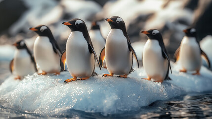 Fototapeta premium A group of penguins stands on a small ice floe that is melting beneath them. Problems of ecology and melting glaciers. Global warming.