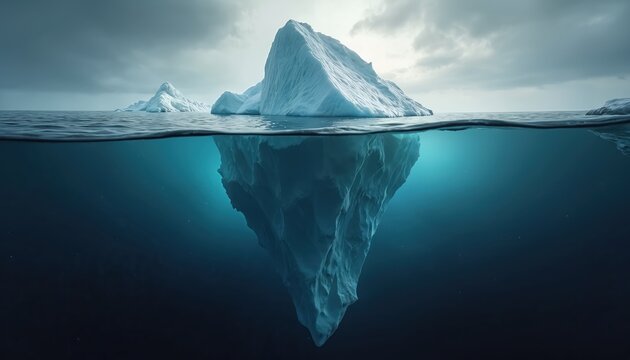 Dramatic half underwater iceberg photo. Global warming, climate change concept. Dark blue ocean waters, cloudy skies. Risk, danger metaphor. Environmental issue, ice melting in north pole, antarctic. - Powered by Adobe