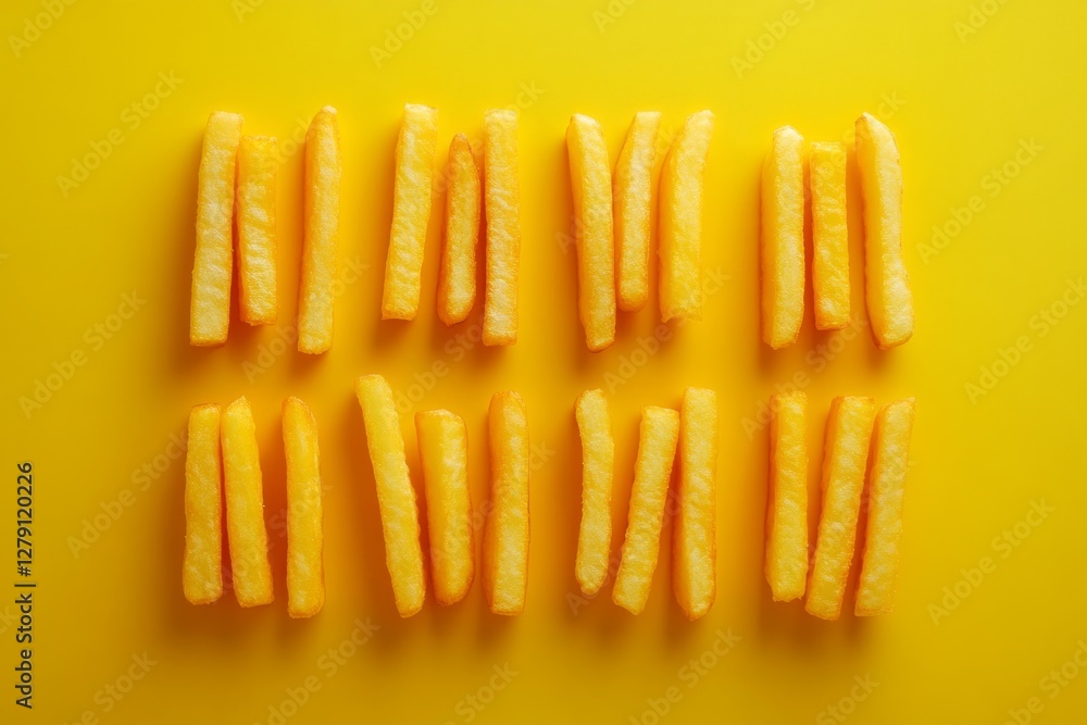 Poster french fries are arranged neatly on a vibrant yellow backdrop, creating a visually appealing pattern