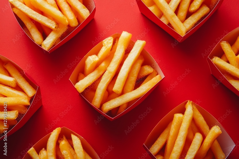 Poster red cardboard containers overflowing with golden french fries create a tempting pattern on a vibrant