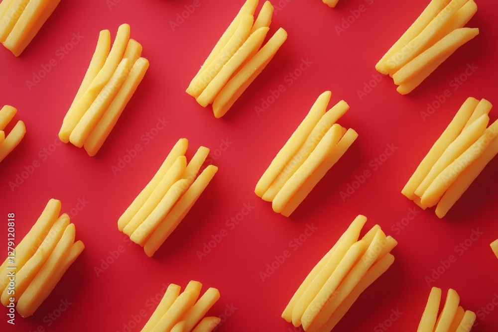 Aufkleber crispy golden french fries arranged neatly on a vibrant red backdrop, creating a visually appealing 