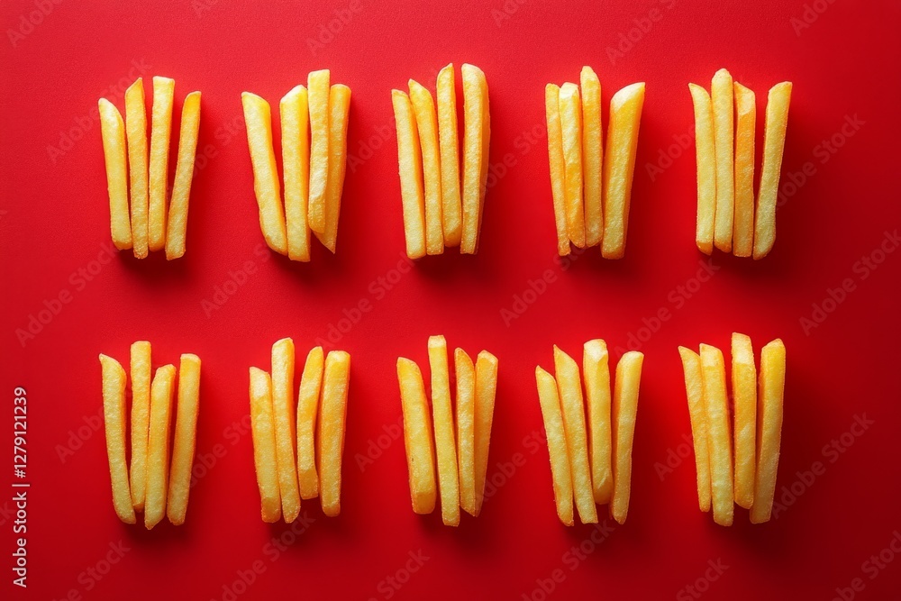 Poster small groups of french fries creating a pattern on a red background, ideal for food-related projects