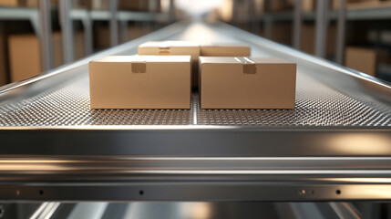 Four sealed cardboard boxes are aligned on a moving conveyor belt in a warehouse storage facility
