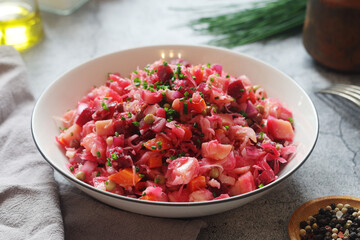 A bowl with Vinegret salad, a typical Russian dish	