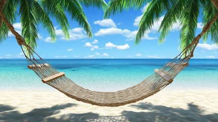 Fototapeta premium A tranquil beach scene featuring a hammock suspended between two palm trees, inviting relaxation and enjoyment of the serene coastal environment.