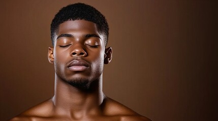 Obraz premium Serene young Black man with eyes closed against a brown background.