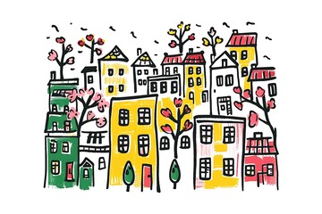 there is a drawing of a city with trees and buildings