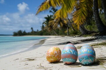 Immerse in a sun-kissed Easter scene featuring a collection of colorful eggs artfully arranged in the sand, framed by lush tropical greenery and a vibrant sunset.


