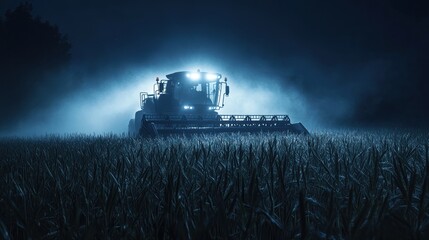 Naklejka premium Night Harvest: A Combine Harvester under the Moonlight