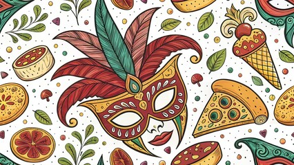 Bold Mardi Gras Mask & Food Doodle Double Exposure Art