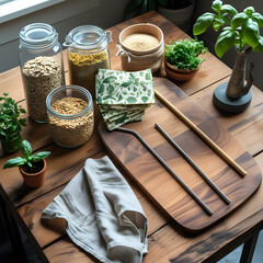The soft, bright natural lighting highlights the textures of wood, glass, and fabric, creating a warm and inviting visual. This image perfectly represents an eco-friendly lifestyle, 