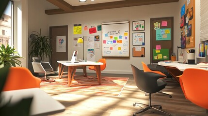 Modern Creative Workspace: Sunlit Office with Colorful Accents and Collaborative Design
