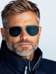 Serious male pilot wearing aviator sunglasses poses confidently for the camera against a white background